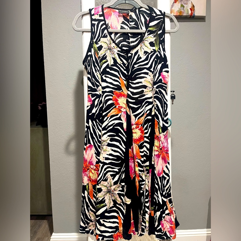 Vintage 90’s Crinkle Fabric Sleeveless Zebra Print Floral Dress Size S ❤️ 🦓